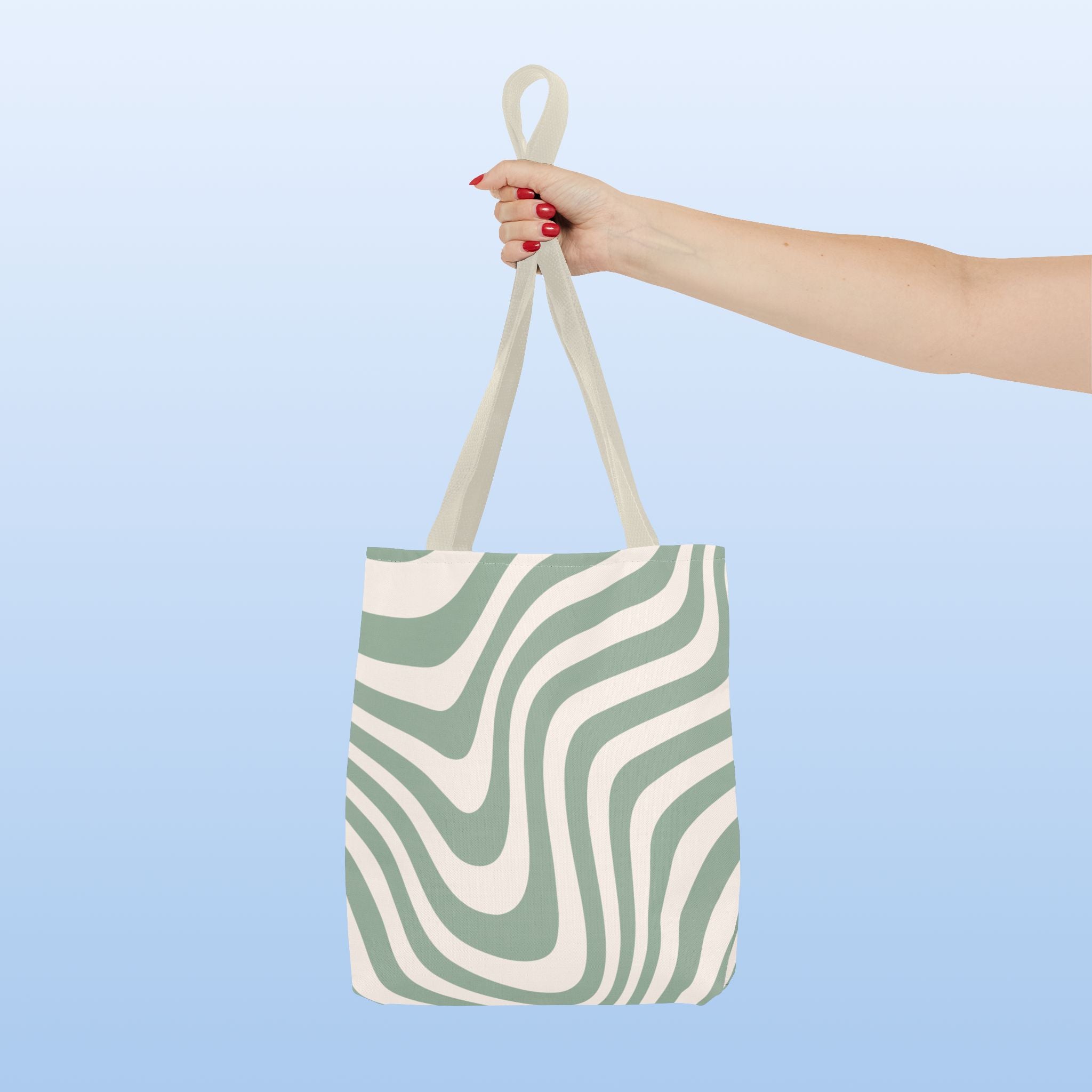 Tote bag mockup - Wavy Lines Sage Green - 13" x 13" - beige handles - detail view