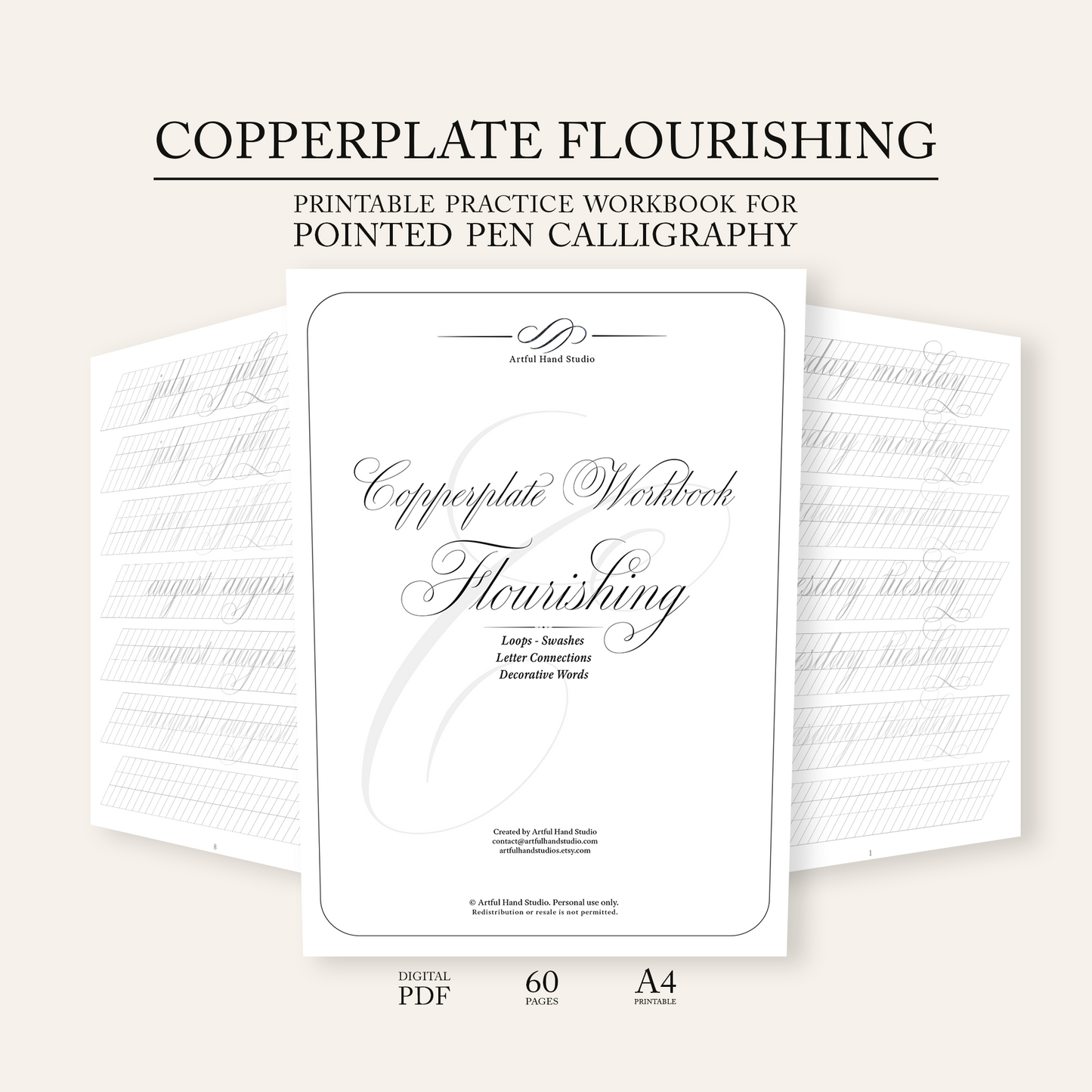 Copperplate Flourishing calligraphy workbook with text on a beige background