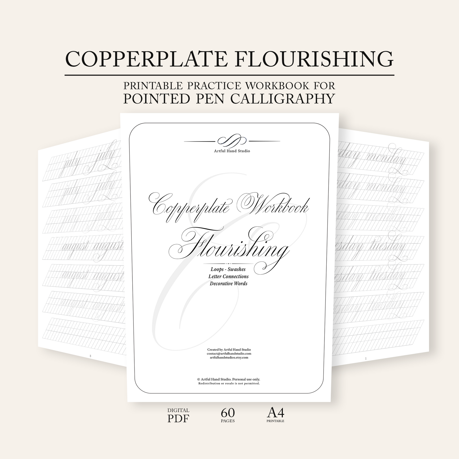 Copperplate Flourishing calligraphy workbook with text on a beige background