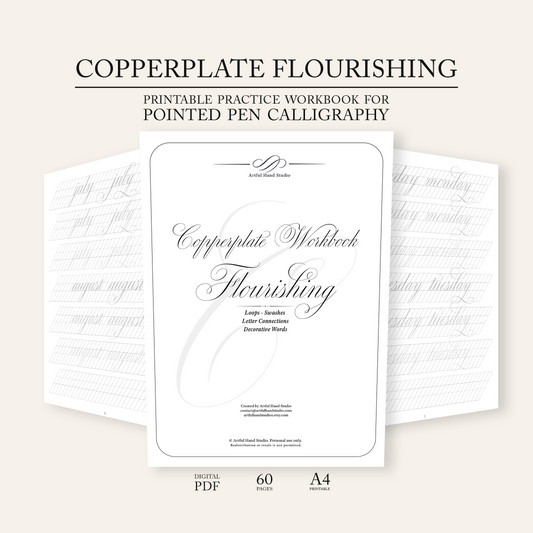 Copperplate Flourishing calligraphy workbook with text on a beige background