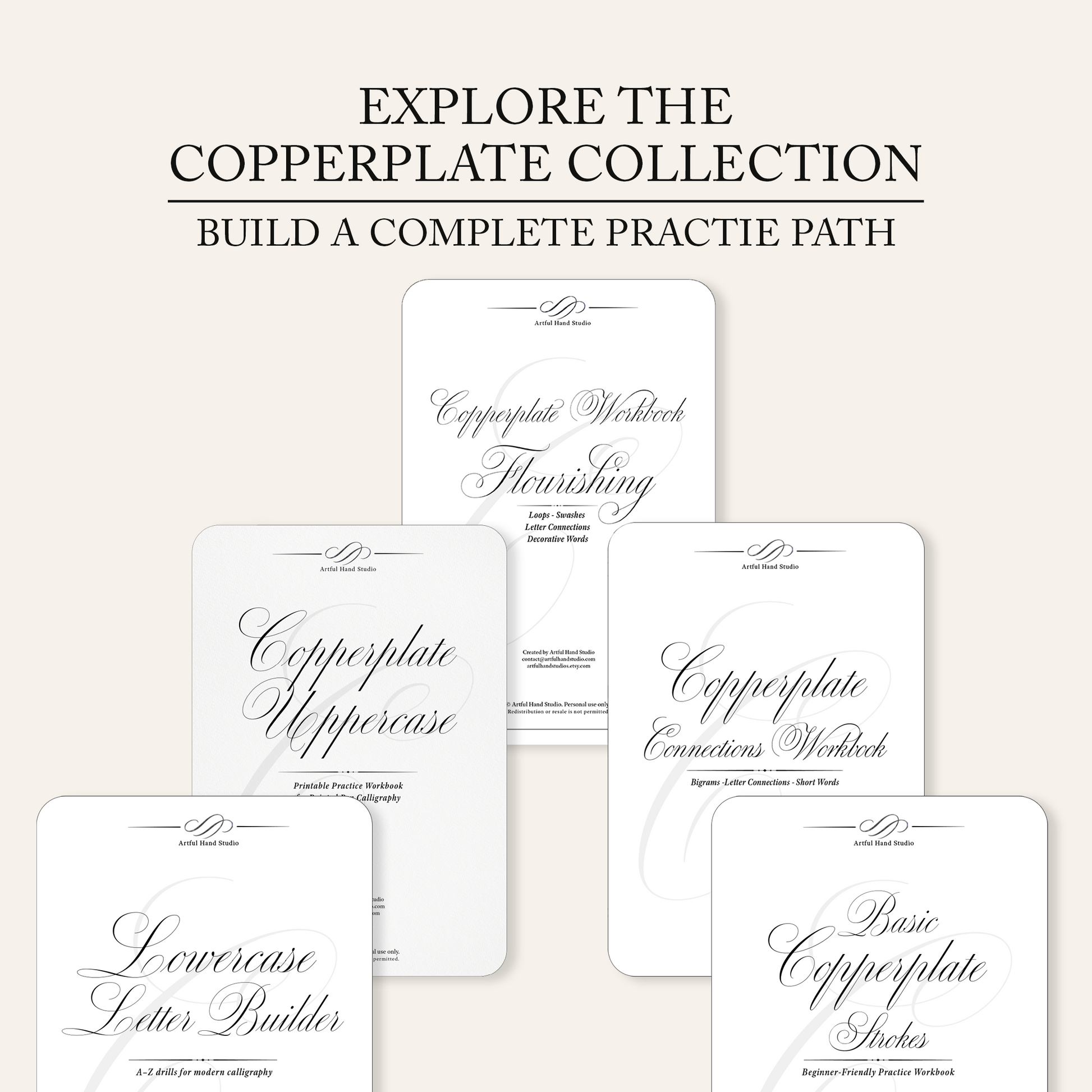 Copperplate collection with various practice books on a beige background