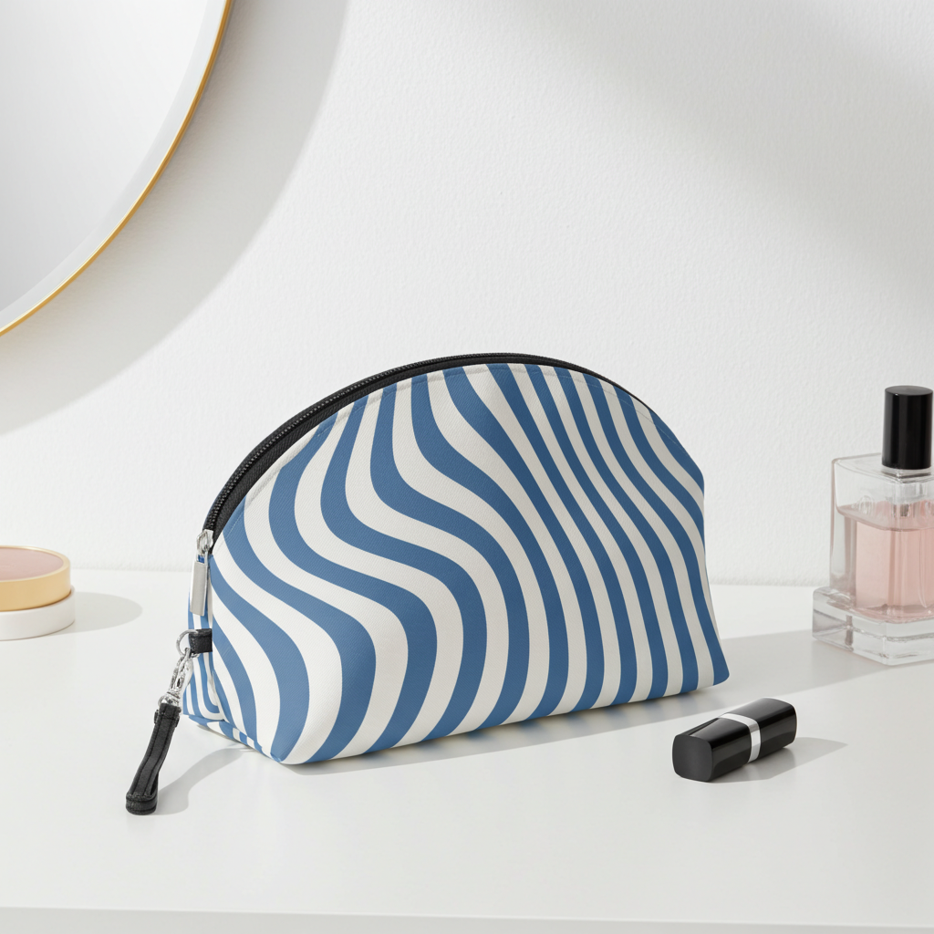 Minimalist Soft Blue Wave Makeup Bag Cosmetic Pouch Travel Organizer