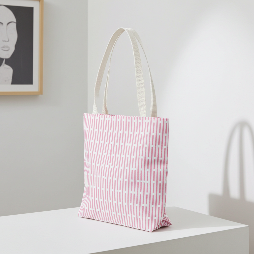 Pink geometric all-over tote bag with cream cotton handles, minimalist pattern.