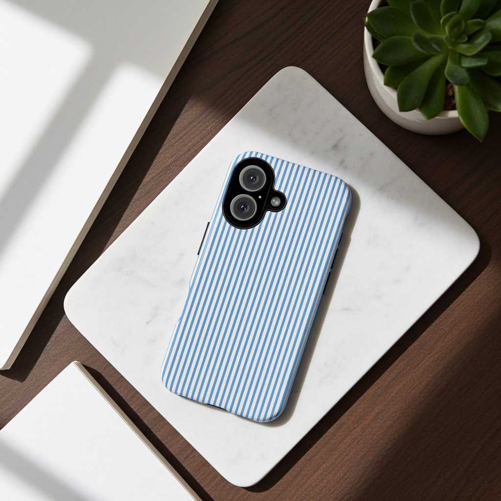 Striped Glossy Iphone Case With Soft Blue Lines Minimal Pattern