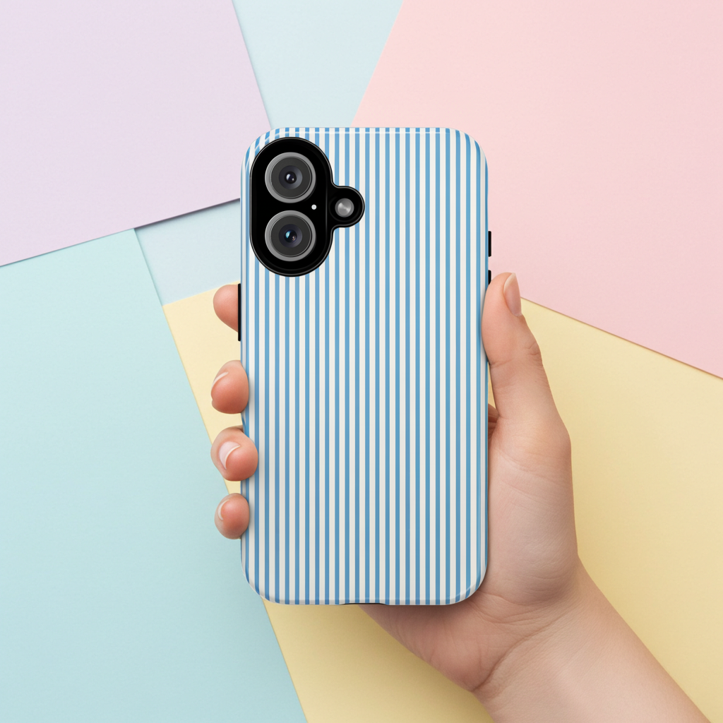 Striped Glossy Iphone Case With Soft Blue Lines Minimal Pattern