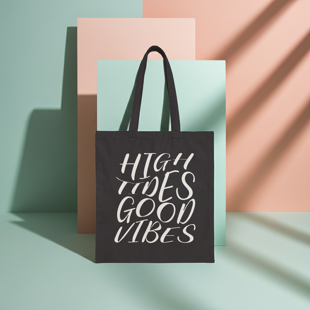High Tides Good Vibes Canvas Tote Bag Natural And Black For Beach Shopping
