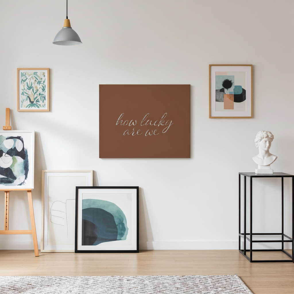 How Lucky Are We Canvas Wall Art Minimal Script Quote Earthy Brown