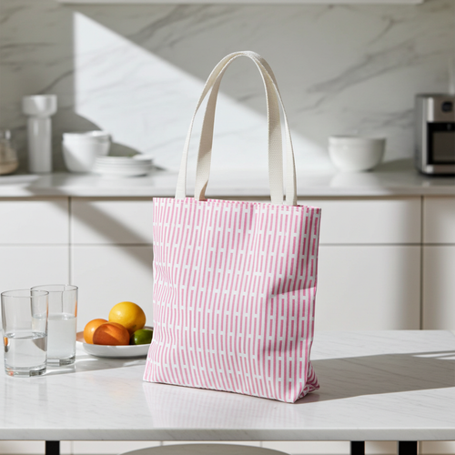 All-over print tote bag with pink vertical pattern and white cotton webbing handles on a kitchen counter.
