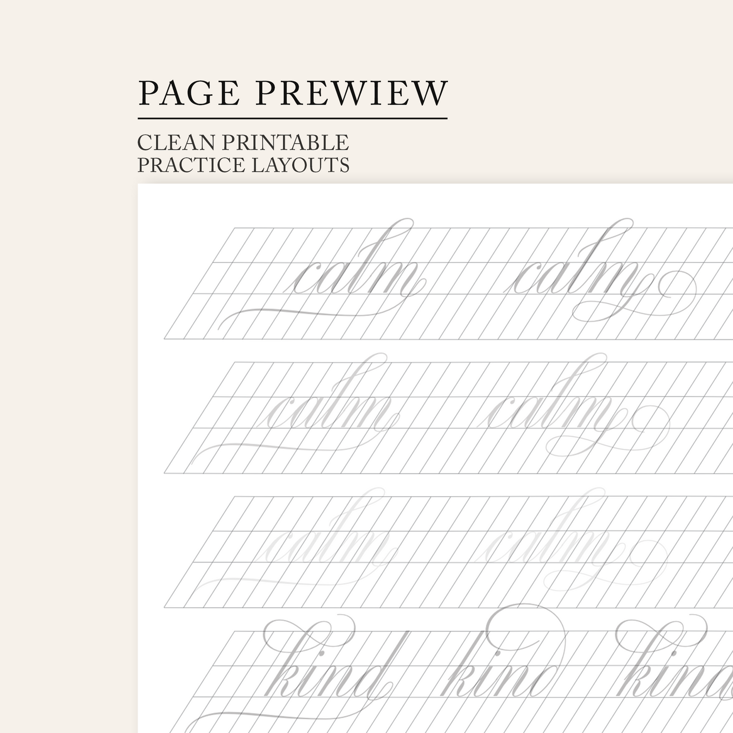 Copperplate flourishing loops swashes and decorative words workbook page preview