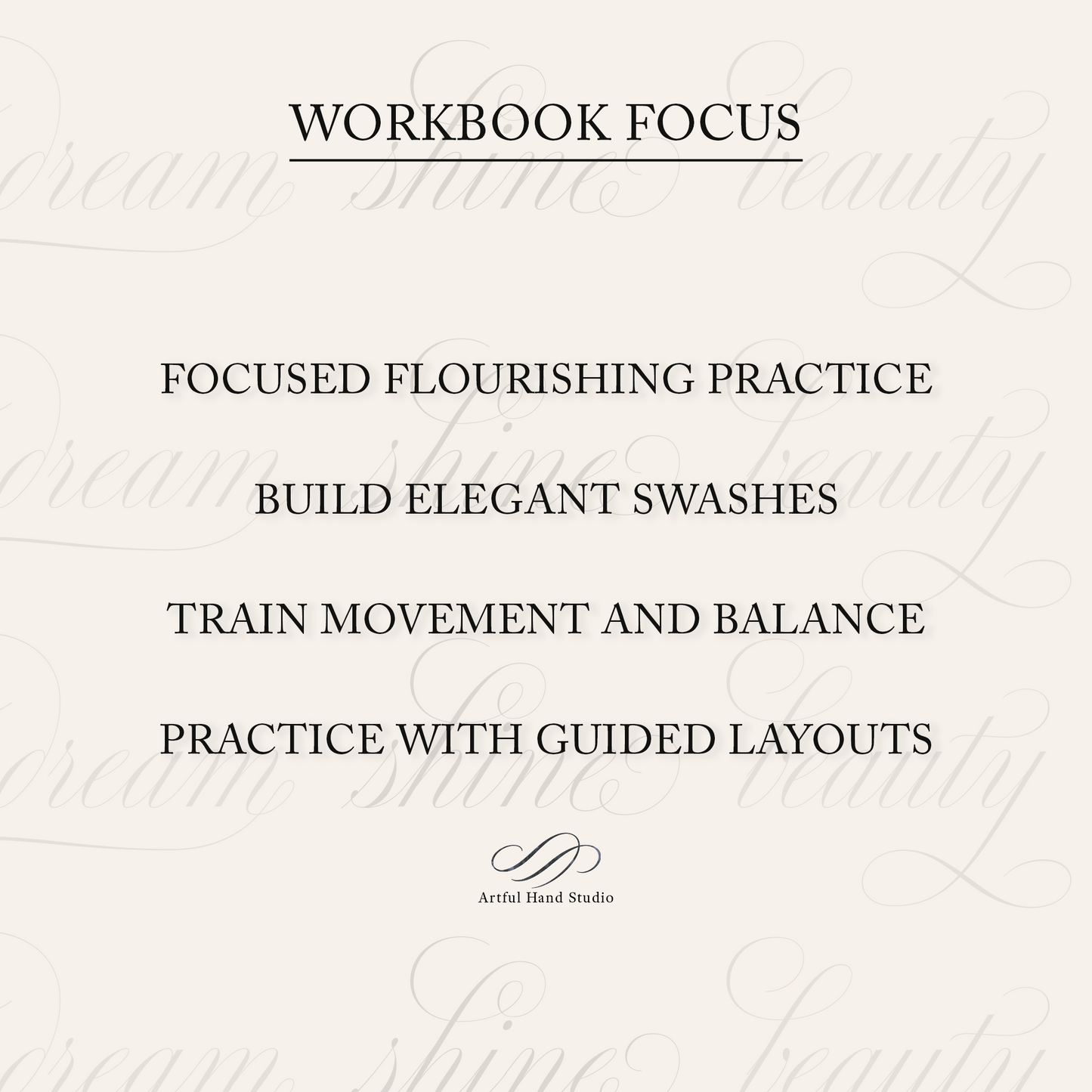 Copperplate flourishing loops swashes and decorative words workbook workbook focus overview
