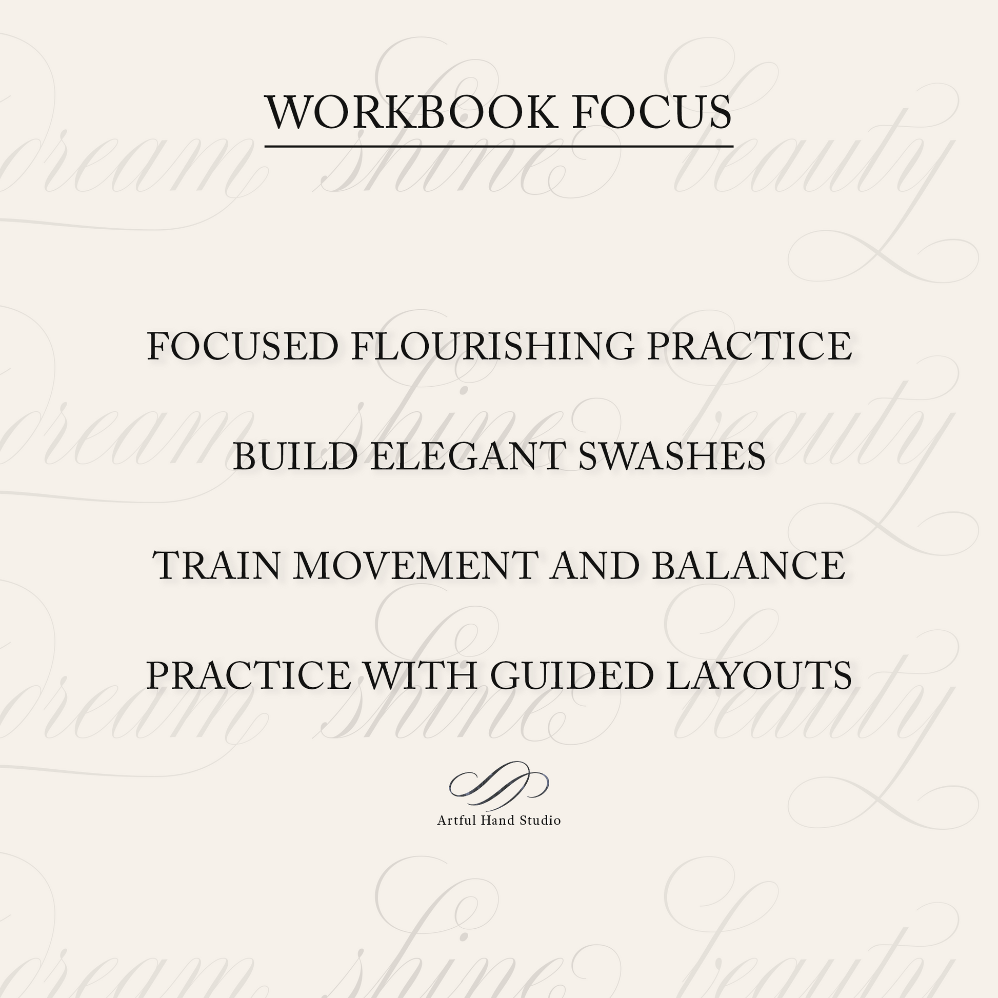 Copperplate flourishing loops swashes and decorative words workbook workbook focus overview