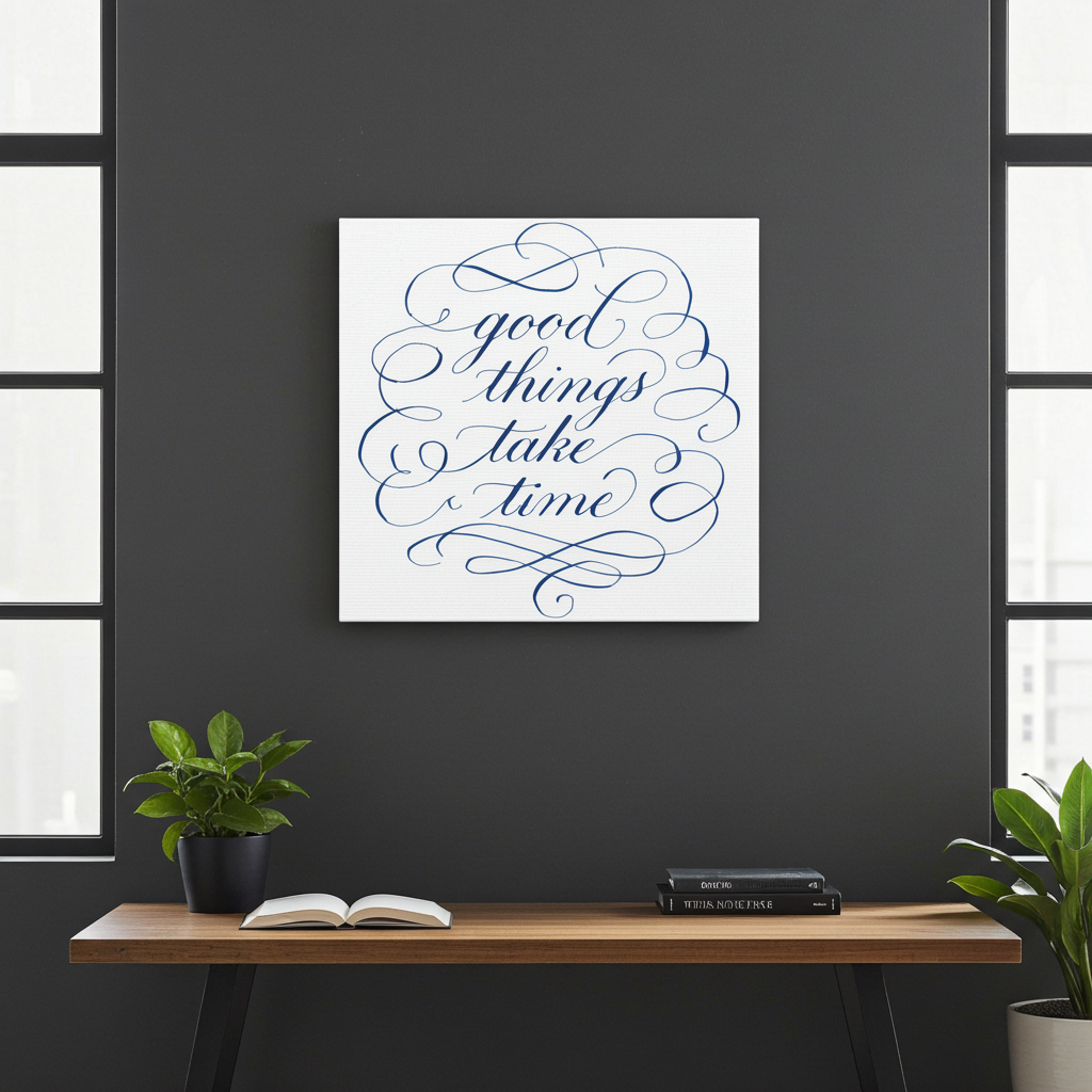 Good Things Take Time Blue Calligraphy Canvas Wall Art Motivational Quote