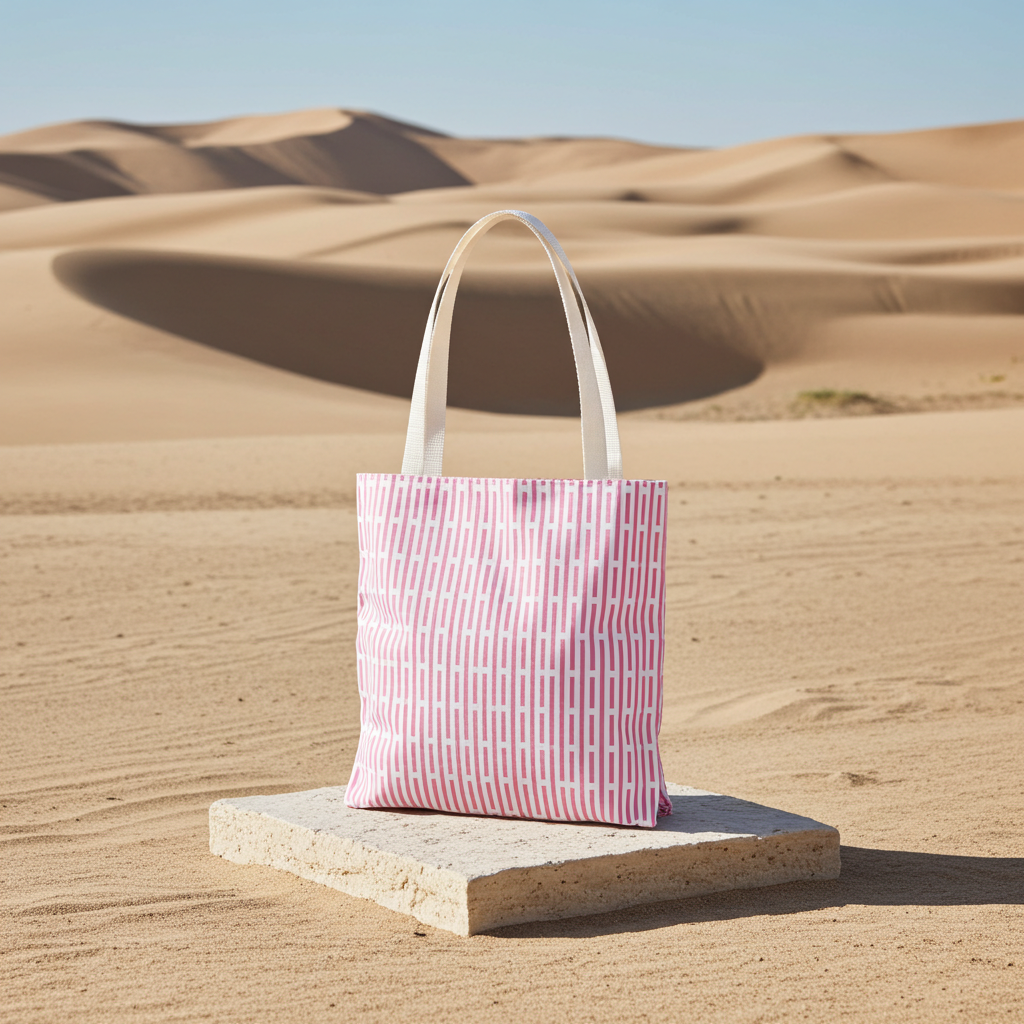 Pink all-over print tote bag with minimalist vertical stripes and white cotton handles, placed on a stone in a desert.