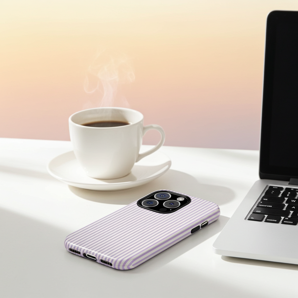 Glossy Striped Iphone Case With Soft Lilac Lines And Minimal Pattern