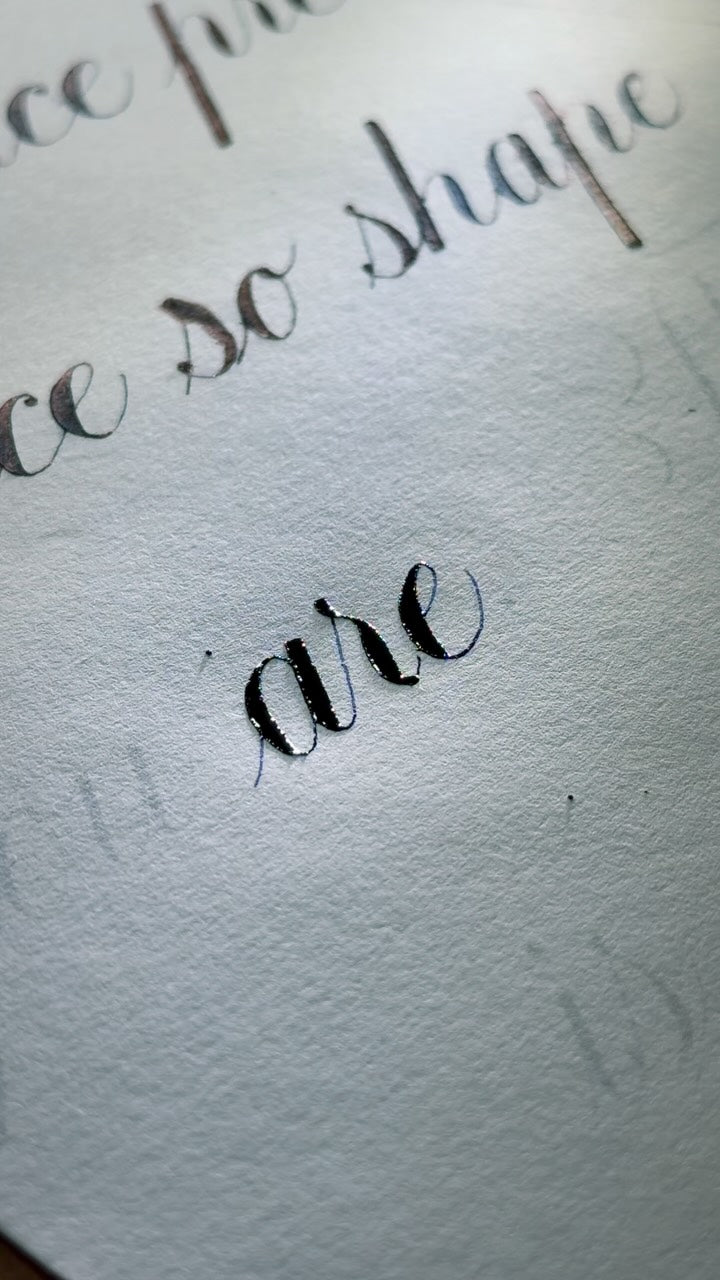 The word are, written in Copperplate with clean strokes and careful spacing.